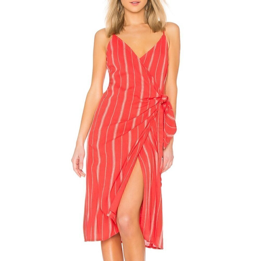 NWT Revolve Amuse Society Bordeaux Blooms Red White Striped Wrap Midi Dress
